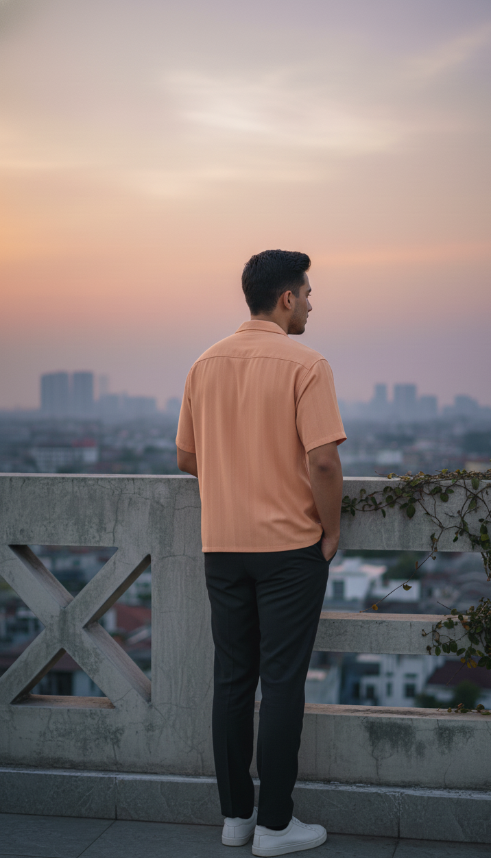 Half Sleeves Apricot Color Striped Self Design Knitted Shirt