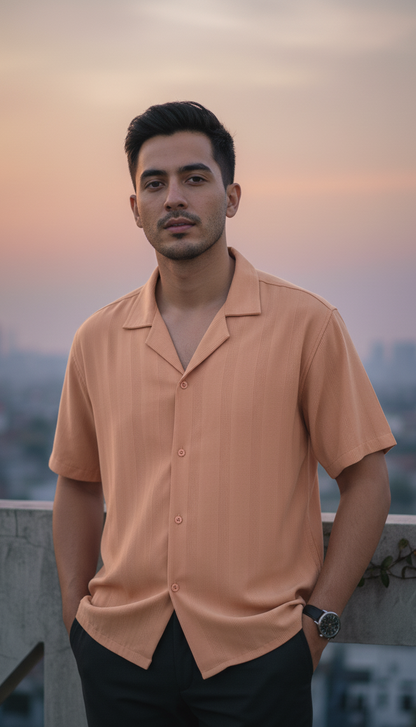 Half Sleeves Apricot Color Striped Self Design Knitted Shirt