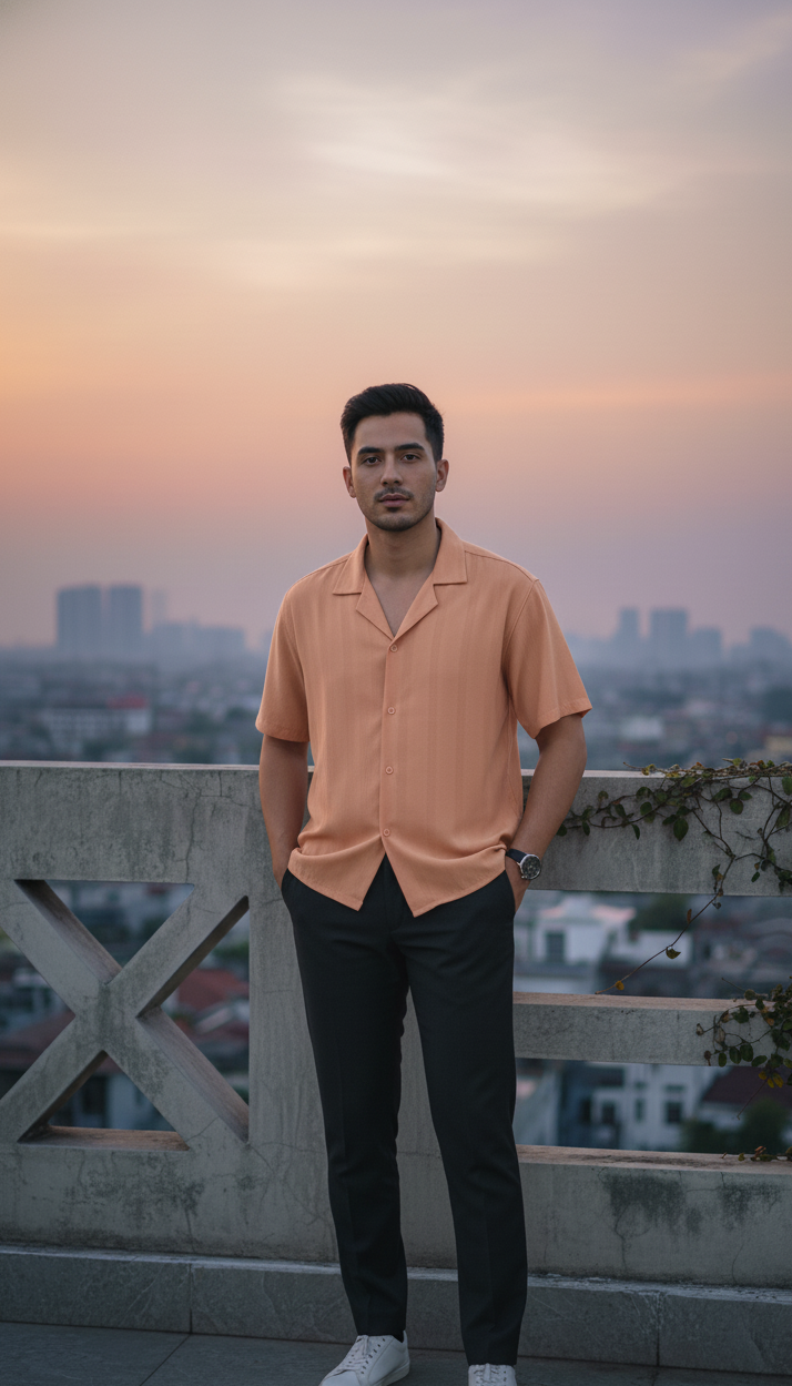 Half Sleeves Apricot Color Striped Self Design Knitted Shirt