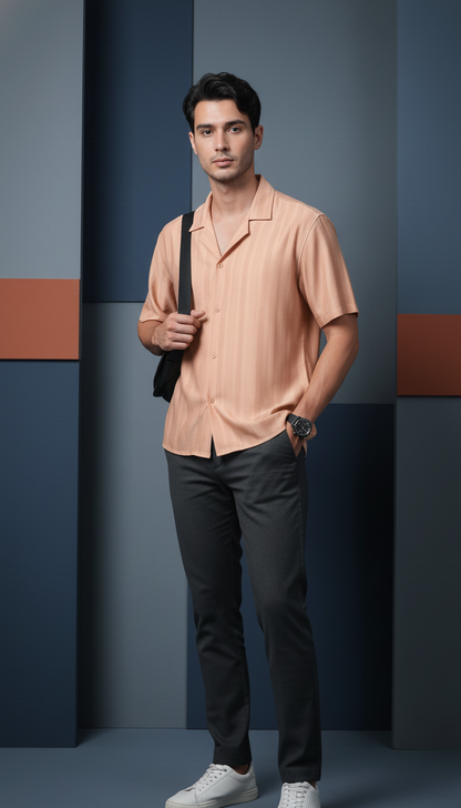 Half Sleeves Apricot Color Striped Self Design Knitted Shirt