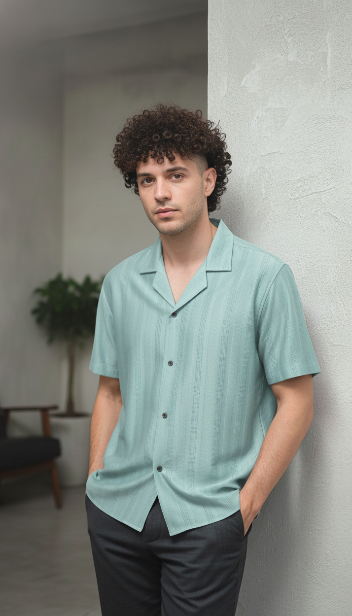 Half Sleeves Cyan Color Striped Self Design Knitted Shirt