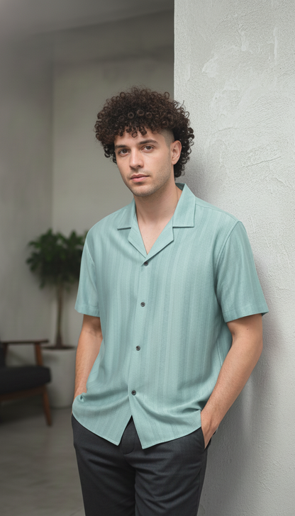 Half Sleeves Cyan Color Striped Self Design Knitted Shirt