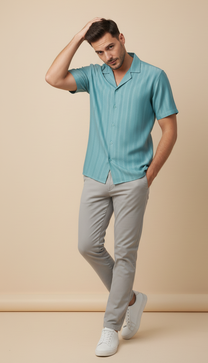 Half Sleeves Cyan Color Striped Self Design Knitted Shirt