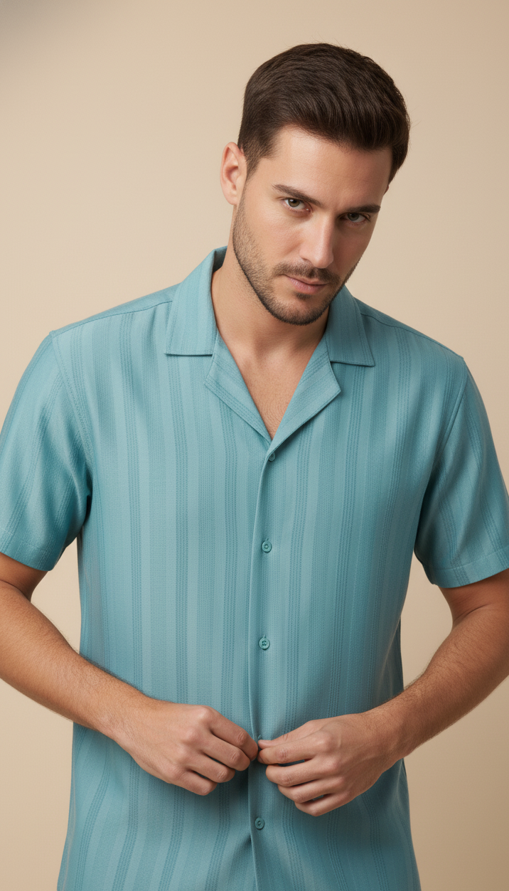 Half Sleeves Cyan Color Striped Self Design Knitted Shirt