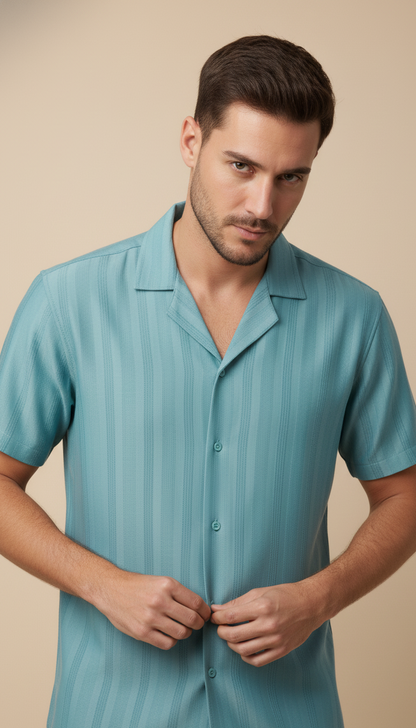 Half Sleeves Cyan Color Striped Self Design Knitted Shirt
