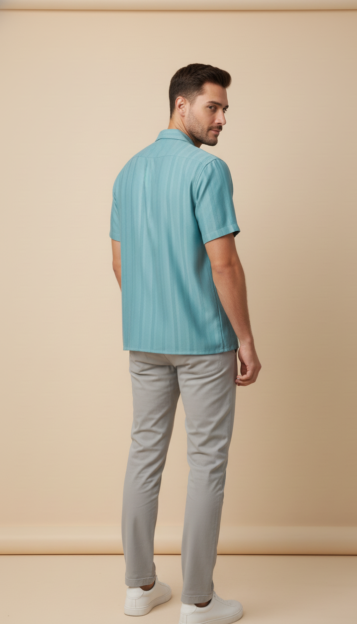 Half Sleeves Cyan Color Striped Self Design Knitted Shirt