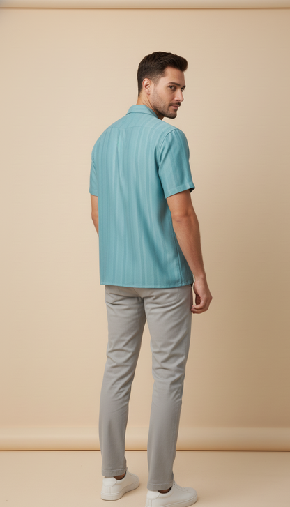 Half Sleeves Cyan Color Striped Self Design Knitted Shirt