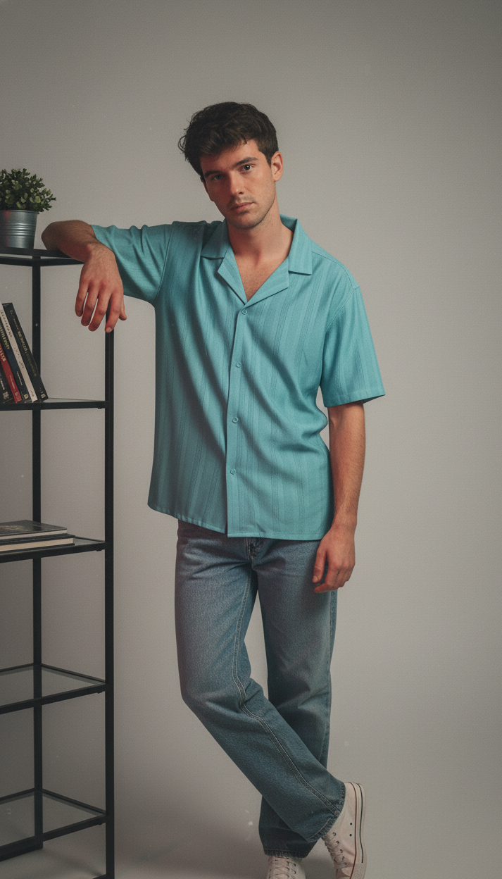 Half Sleeves Cyan Color Striped Self Design Knitted Shirt