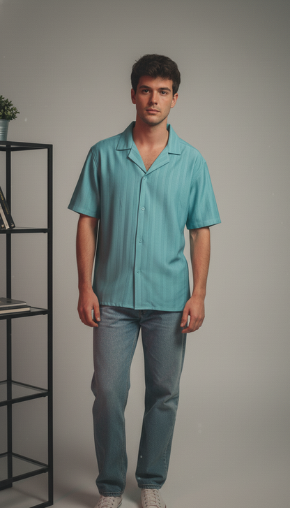 Half Sleeves Cyan Color Striped Self Design Knitted Shirt