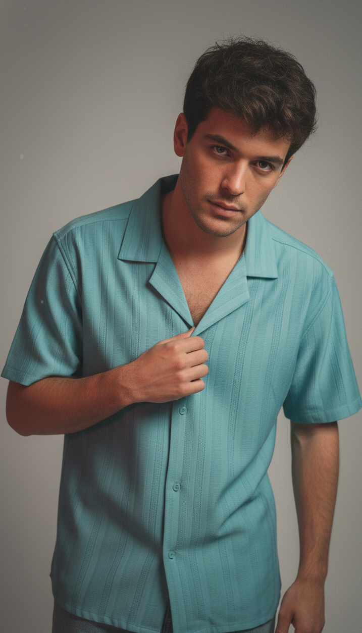 Half Sleeves Cyan Color Striped Self Design Knitted Shirt