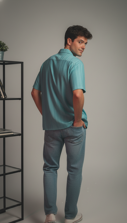 Half Sleeves Cyan Color Striped Self Design Knitted Shirt