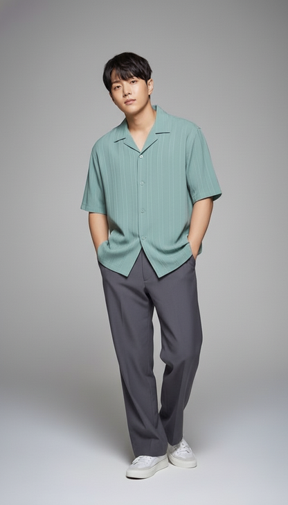 Half Sleeves Cyan Color Striped Self Design Knitted Shirt