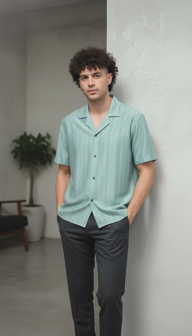 Half Sleeves Cyan Color Striped Self Design Knitted Shirt