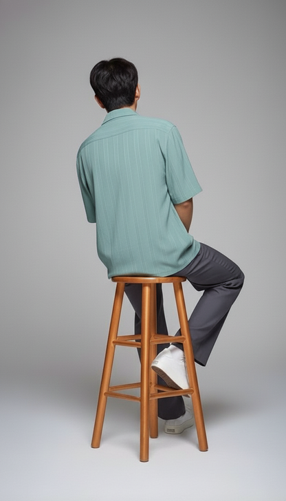 Half Sleeves Cyan Color Striped Self Design Knitted Shirt