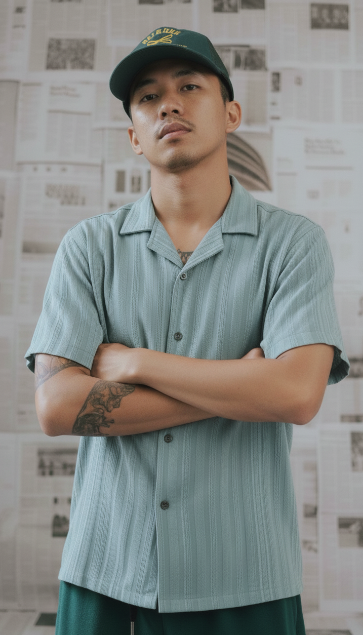 Half Sleeves Cyan Color Striped Self Design Knitted Shirt