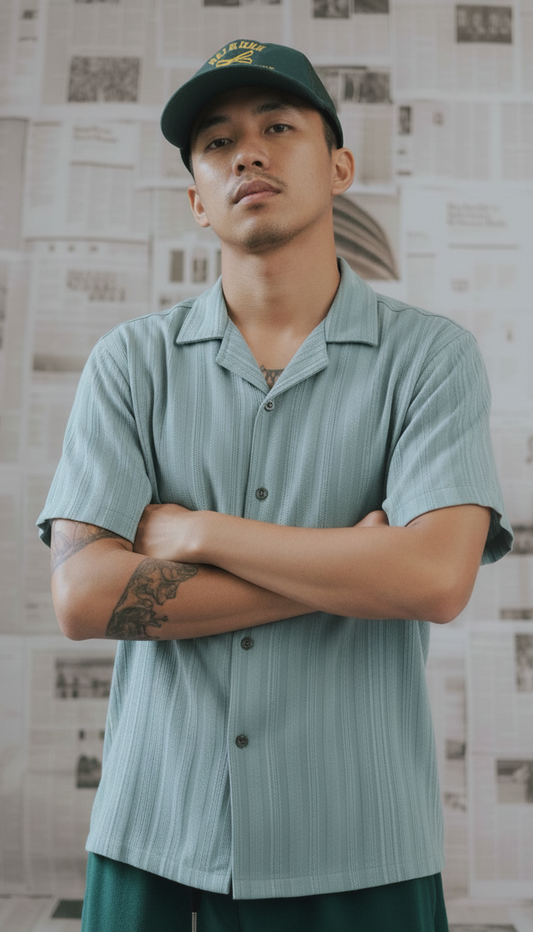 Half Sleeves Cyan Color Striped Self Design Knitted Shirt