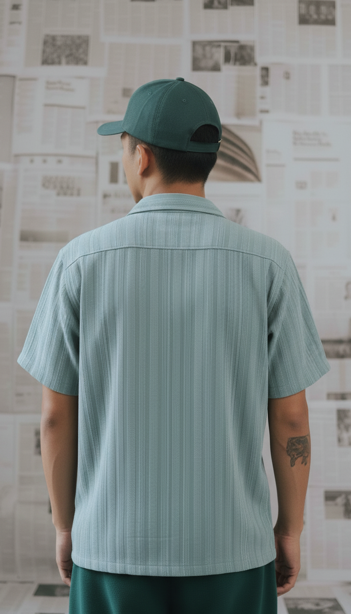 Half Sleeves Cyan Color Striped Self Design Knitted Shirt