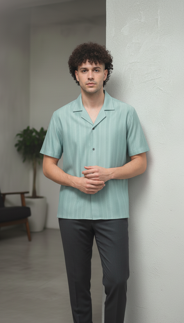 Half Sleeves Cyan Color Striped Self Design Knitted Shirt