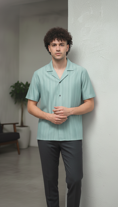 Half Sleeves Cyan Color Striped Self Design Knitted Shirt