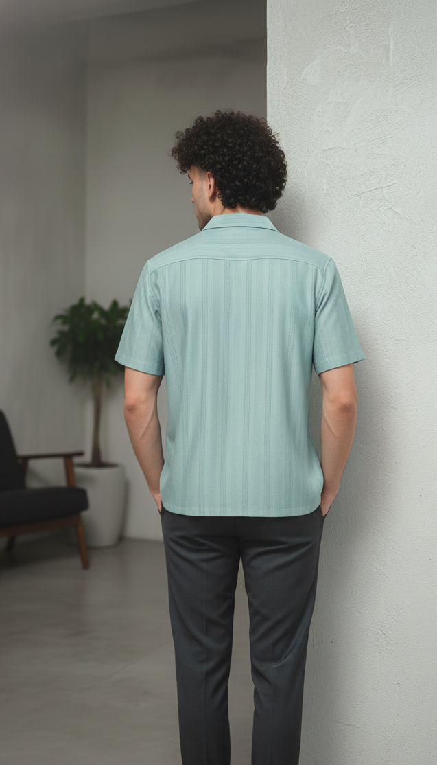 Half Sleeves Cyan Color Striped Self Design Knitted Shirt