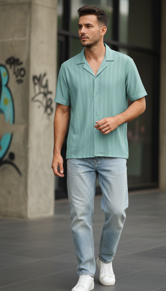 Half Sleeves Cyan Color Striped Self Design Knitted Shirt