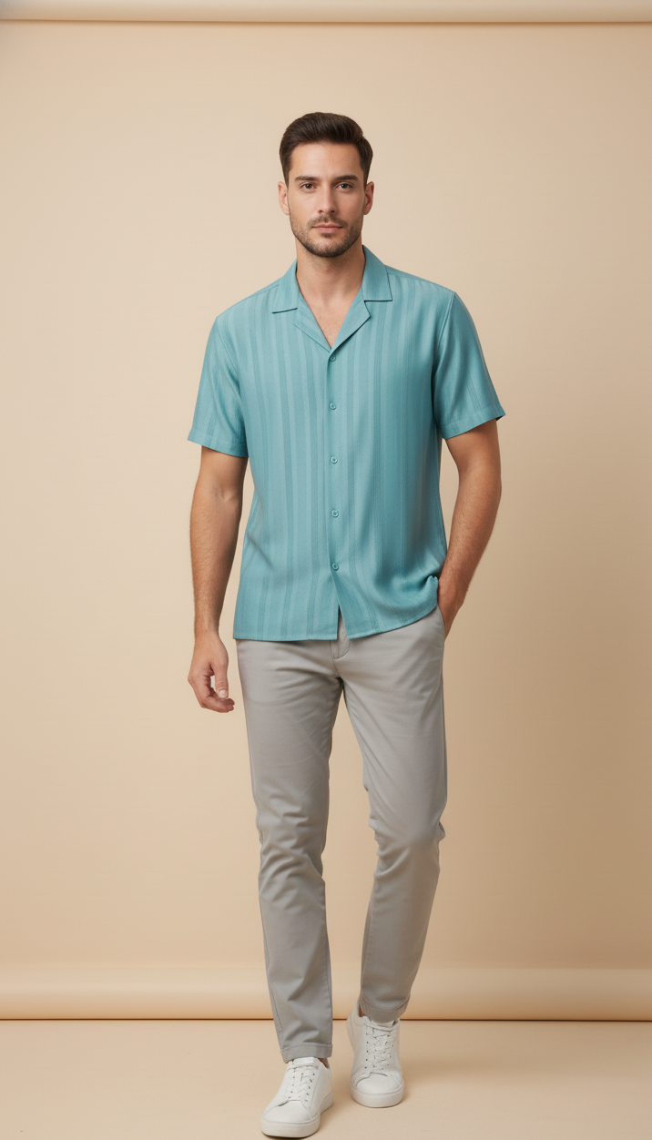 Half Sleeves Cyan Color Striped Self Design Knitted Shirt