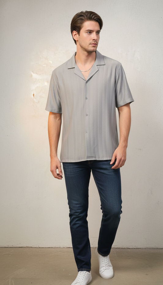 Half Sleeves Grey Color Striped Self Design Knitted Shirt