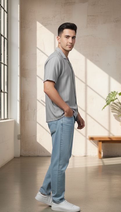 Half Sleeves Grey Color Striped Self Design Knitted Shirt