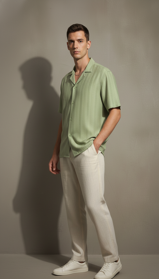 Half Sleeves Light Green Color Striped Self Design Knitted Shirt