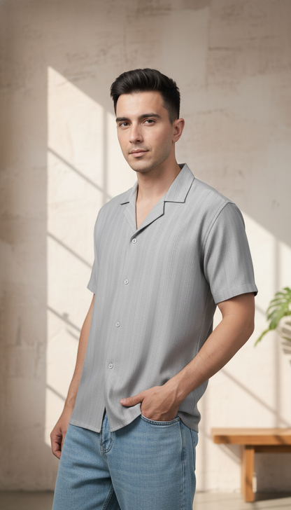 Half Sleeves Grey Color Striped Self Design Knitted Shirt