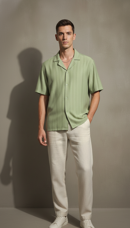 Half Sleeves Light Green Color Striped Self Design Knitted Shirt