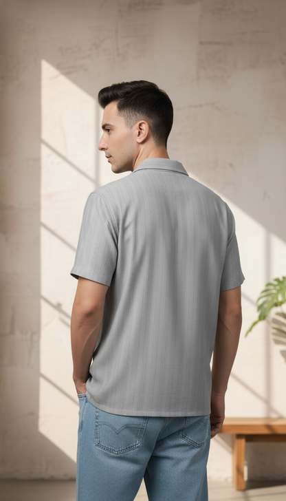 Half Sleeves Grey Color Striped Self Design Knitted Shirt