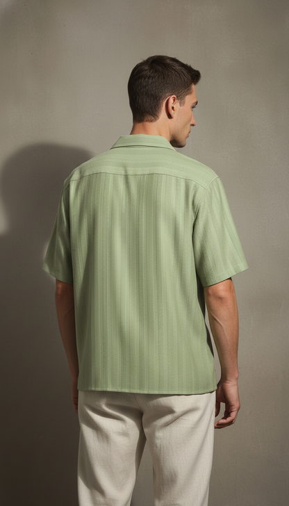 Half Sleeves Light Green Color Striped Self Design Knitted Shirt