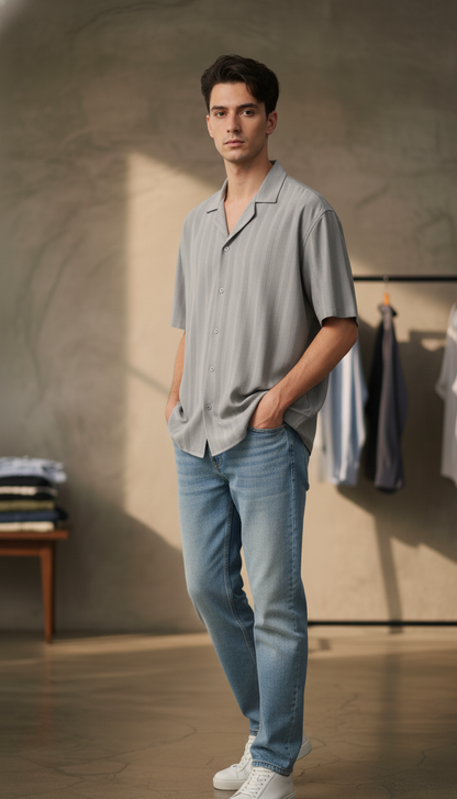 Half Sleeves Grey Color Striped Self Design Knitted Shirt