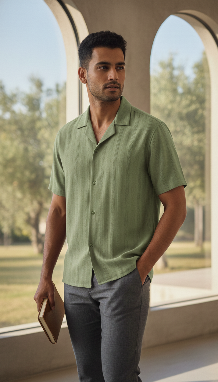 Half Sleeves Light Green Color Striped Self Design Knitted Shirt