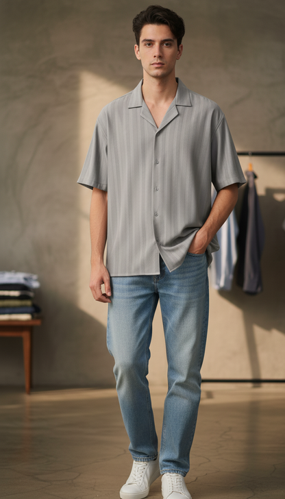 Half Sleeves Grey Color Striped Self Design Knitted Shirt