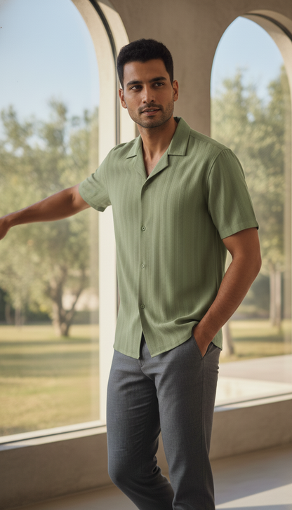 Half Sleeves Light Green Color Striped Self Design Knitted Shirt