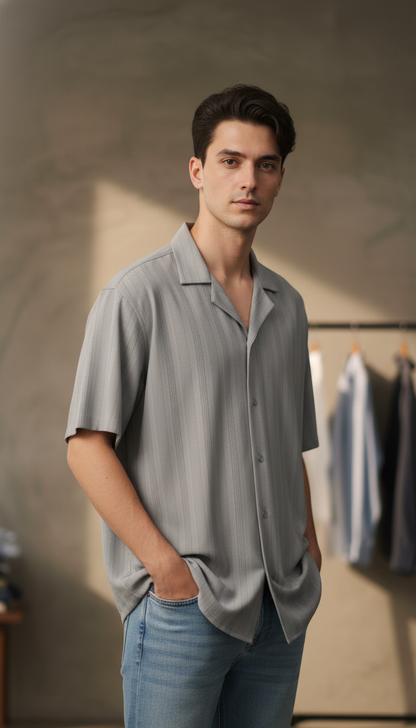 Half Sleeves Grey Color Striped Self Design Knitted Shirt