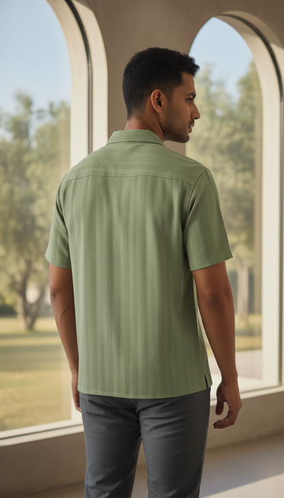 Half Sleeves Light Green Color Striped Self Design Knitted Shirt