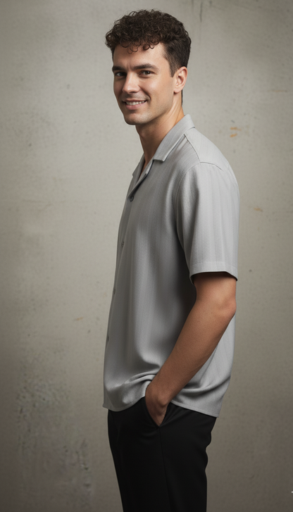 Half Sleeves Grey Color Striped Self Design Knitted Shirt