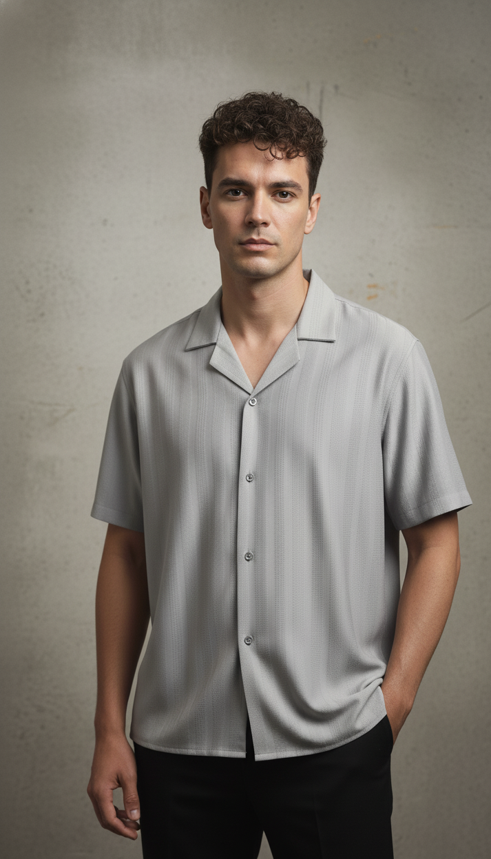 Half Sleeves Grey Color Striped Self Design Knitted Shirt