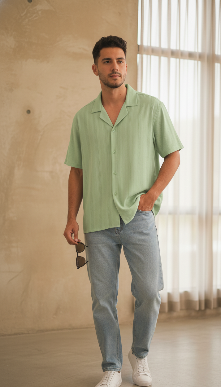 Half Sleeves Lime Color Striped Self Design Knitted Shirt