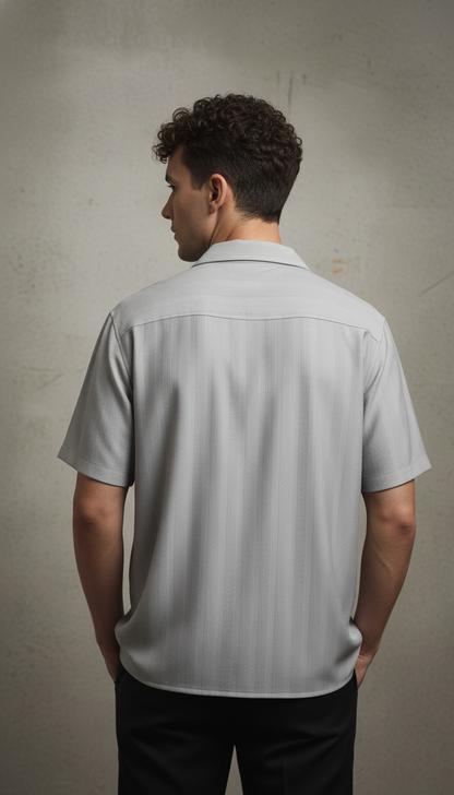 Half Sleeves Grey Color Striped Self Design Knitted Shirt