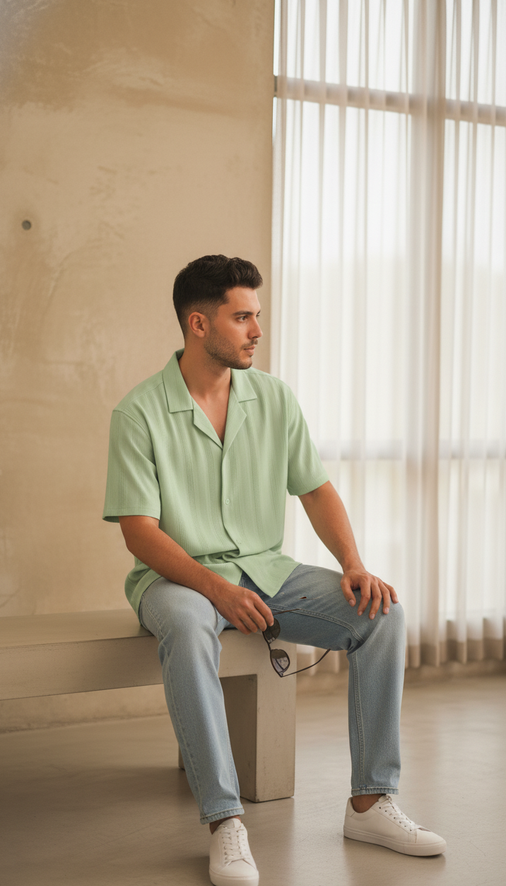 Half Sleeves Lime Color Striped Self Design Knitted Shirt