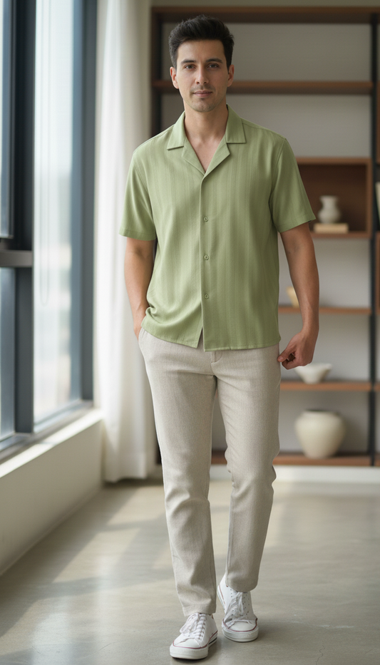 Half Sleeves Light Green Color Striped Self Design Knitted Shirt