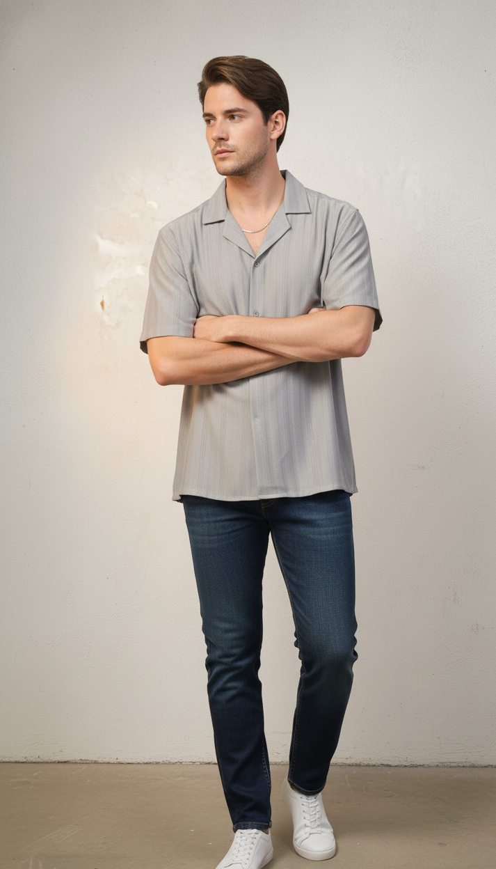 Half Sleeves Grey Color Striped Self Design Knitted Shirt