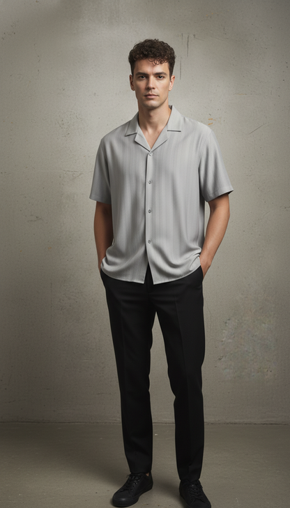 Half Sleeves Grey Color Striped Self Design Knitted Shirt