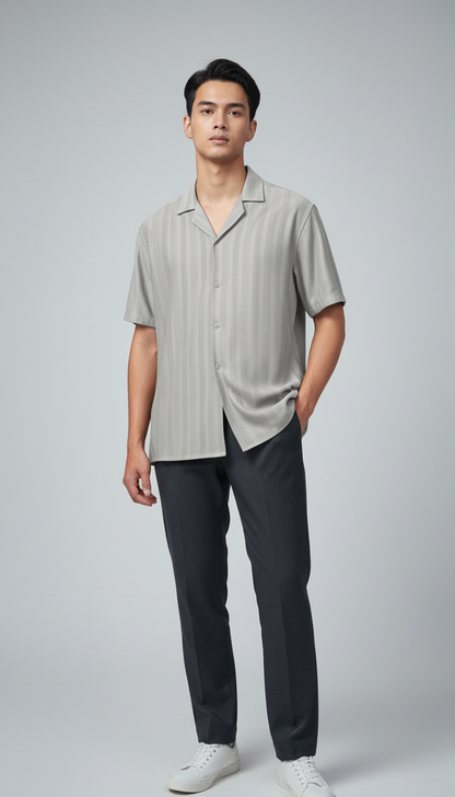 Half Sleeves Grey Color Striped Self Design Knitted Shirt