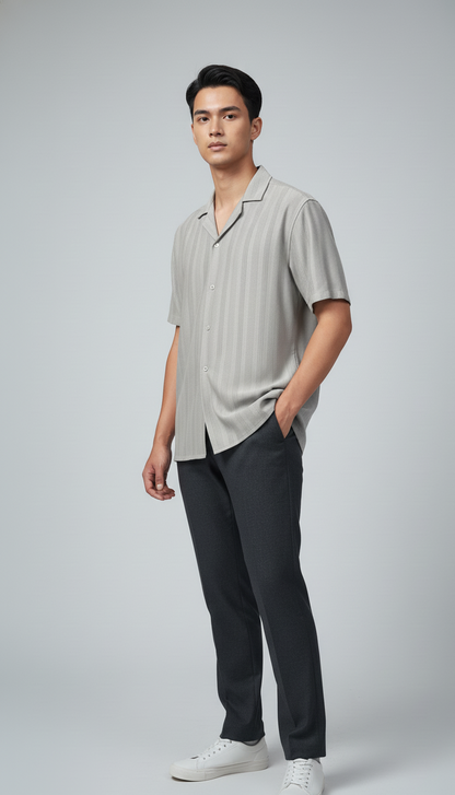 Half Sleeves Grey Color Striped Self Design Knitted Shirt