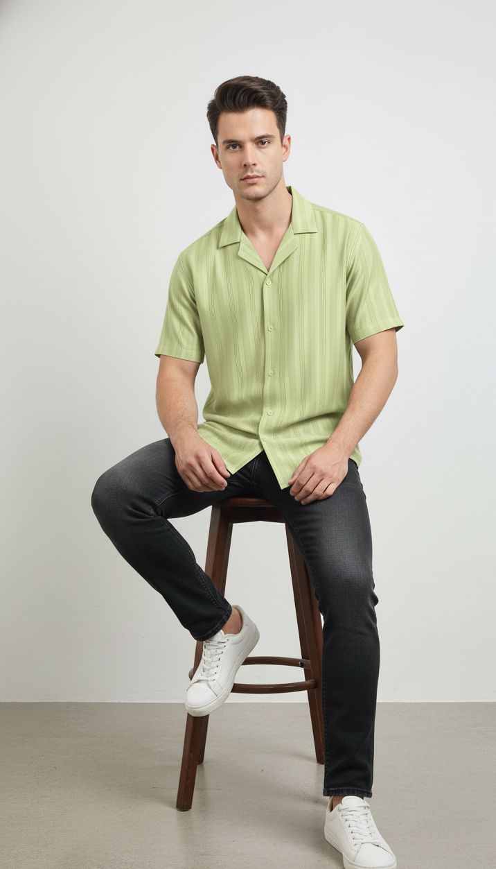 Half Sleeves Light Green Color Striped Self Design Knitted Shirt